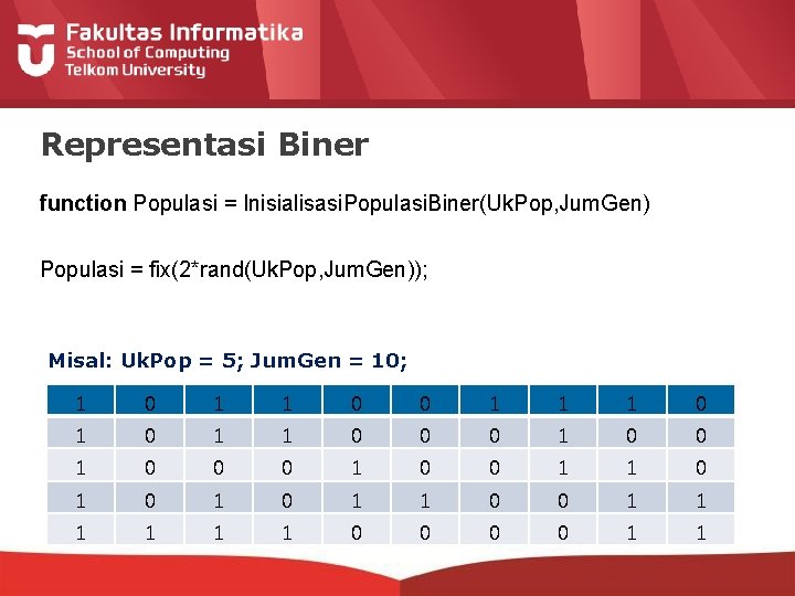 Representasi Biner function Populasi = Inisialisasi. Populasi. Biner(Uk. Pop, Jum. Gen) Populasi = fix(2*rand(Uk.