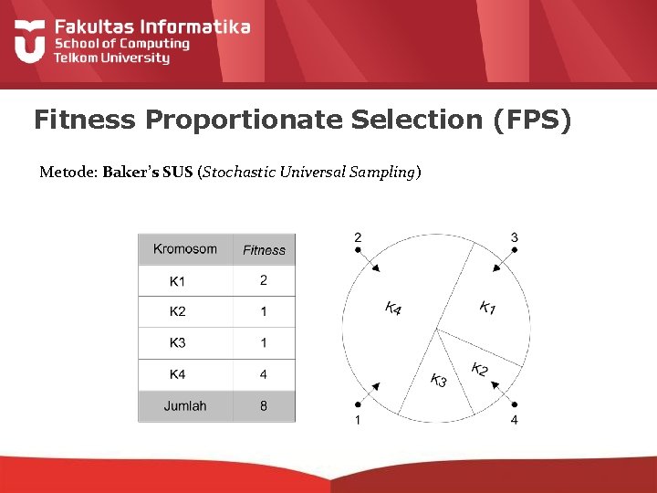 Fitness Proportionate Selection (FPS) Metode: Baker’s SUS (Stochastic Universal Sampling) 