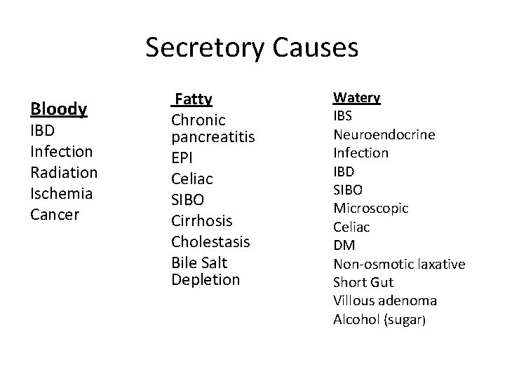 Secretory Causes Bloody IBD Infection Radiation Ischemia Cancer Fatty Chronic pancreatitis EPI Celiac SIBO