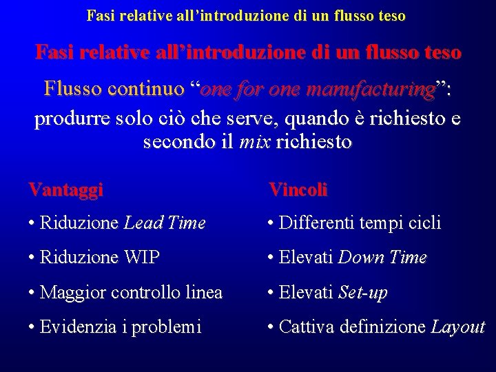 Fasi relative all’introduzione di un flusso teso Flusso continuo “one for one manufacturing”: produrre Fasi relative all’introduzione di un flusso teso Flusso continuo “one for one manufacturing”: produrre