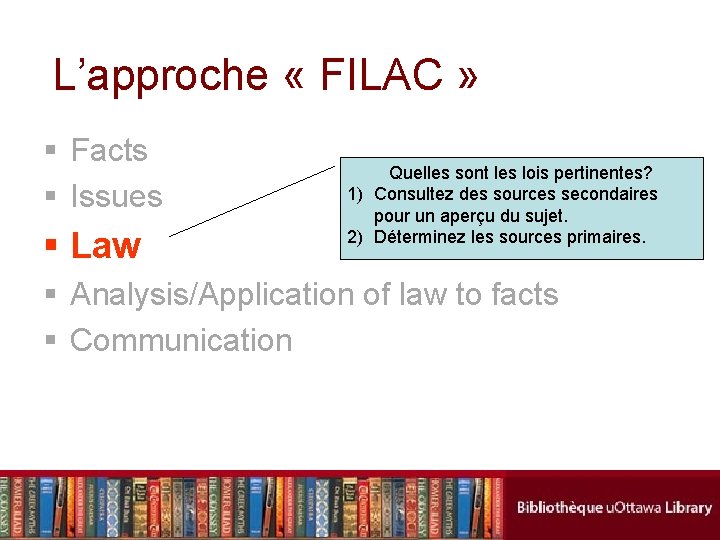 L’approche « FILAC » § Facts § Issues § Law Quelles sont les lois