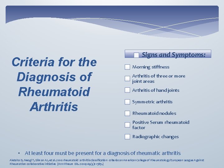 Criteria for the Diagnosis of Rheumatoid Arthritis Signs and Symptoms: Morning stiffness Arthritis of