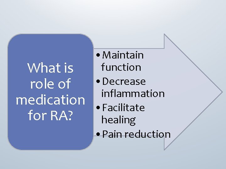 What is role of medication for RA? • Maintain function • Decrease inflammation •