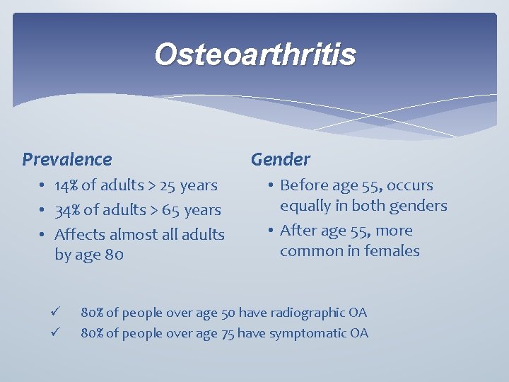 Osteoarthritis Prevalence • 14% of adults > 25 years • 34% of adults >