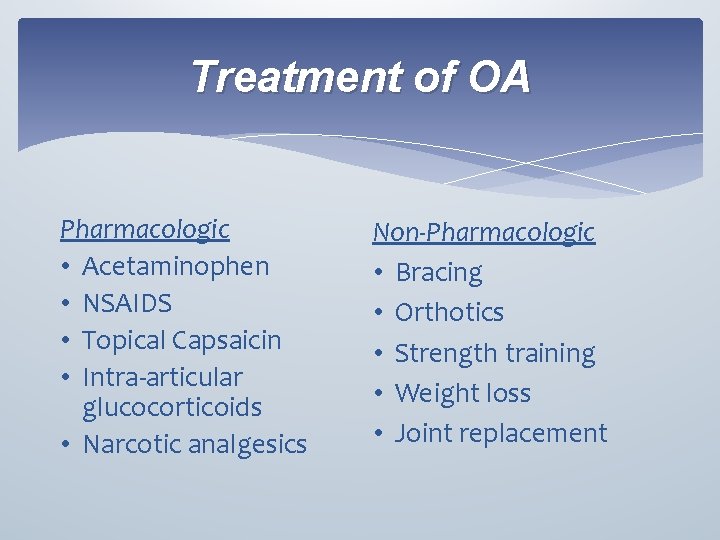 Treatment of OA Pharmacologic • Acetaminophen • NSAIDS • Topical Capsaicin • Intra-articular glucocorticoids