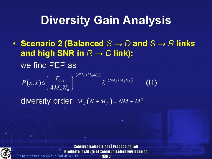 Diversity Gain Analysis • Scenario 2 (Balanced S → D and S → R