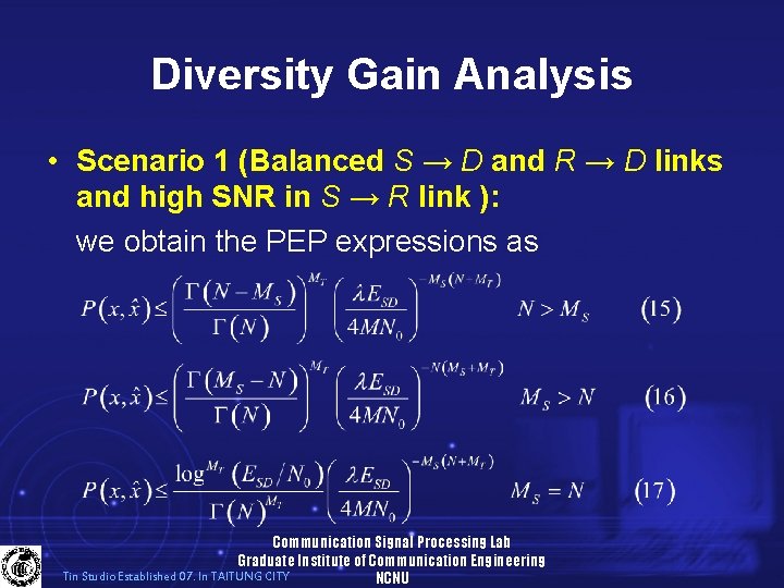 Diversity Gain Analysis • Scenario 1 (Balanced S → D and R → D