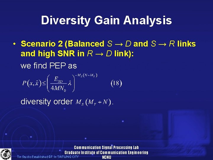 Diversity Gain Analysis • Scenario 2 (Balanced S → D and S → R