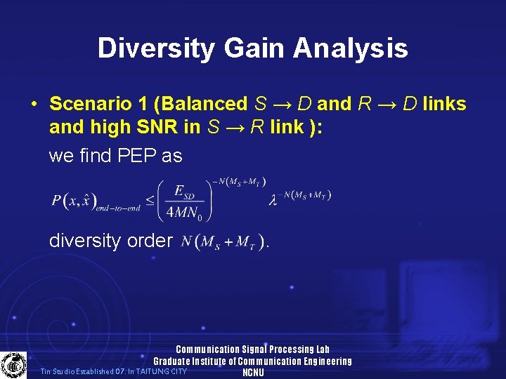 Diversity Gain Analysis • Scenario 1 (Balanced S → D and R → D