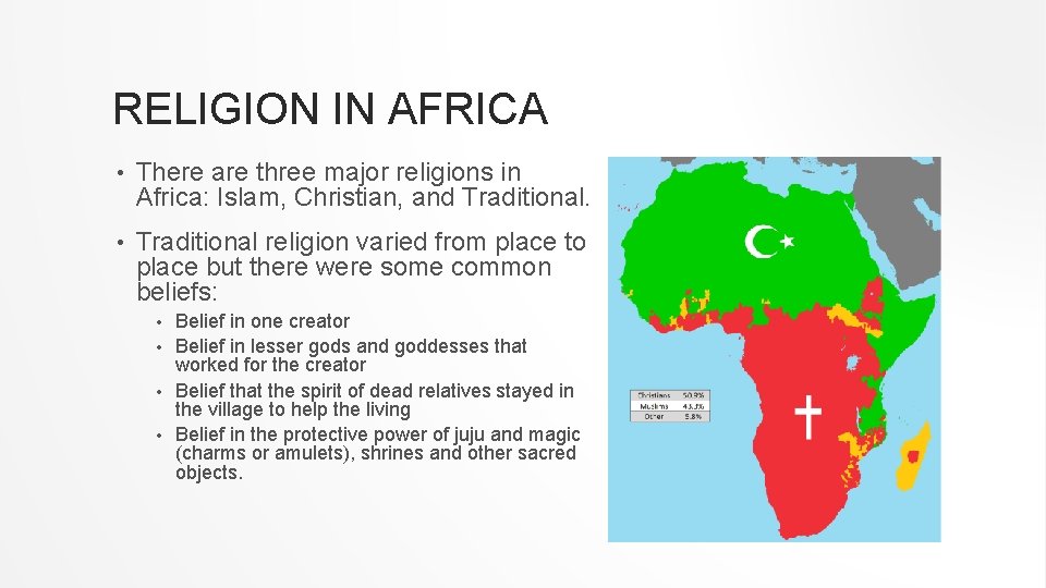 RELIGION IN AFRICA • There are three major religions in Africa: Islam, Christian, and