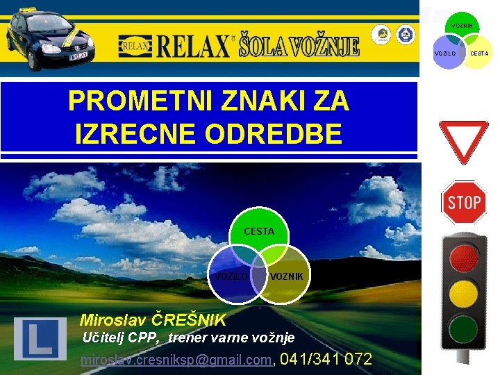 VOZNIK VOZILO PROMETNI ZNAKI ZA IZRECNE ODREDBE CESTA VOZILO VOZNIK Miroslav ČREŠNIK Učitelj CPP,