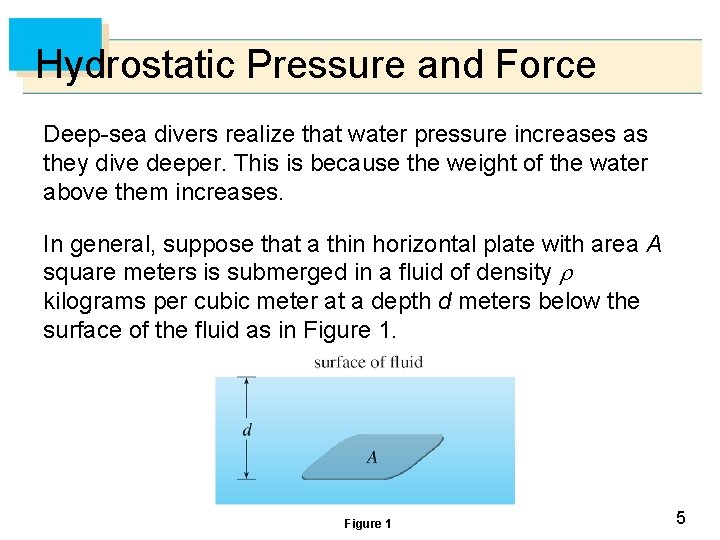Hydrostatic Pressure and Force Deep-sea divers realize that water pressure increases as they dive