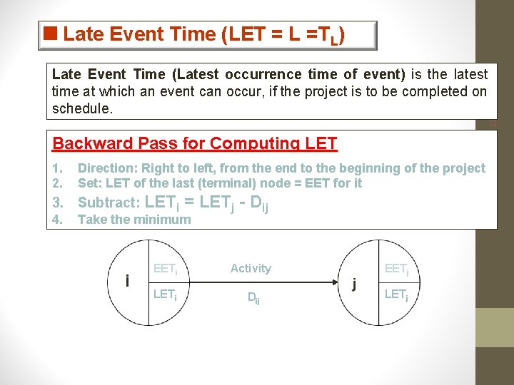 <Late Event Time (LET = L =TL) 1. 2. Direction: Right to left, from