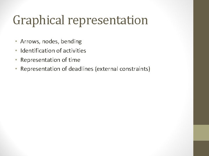 Graphical representation • • Arrows, nodes, bending Identification of activities Representation of time Representation