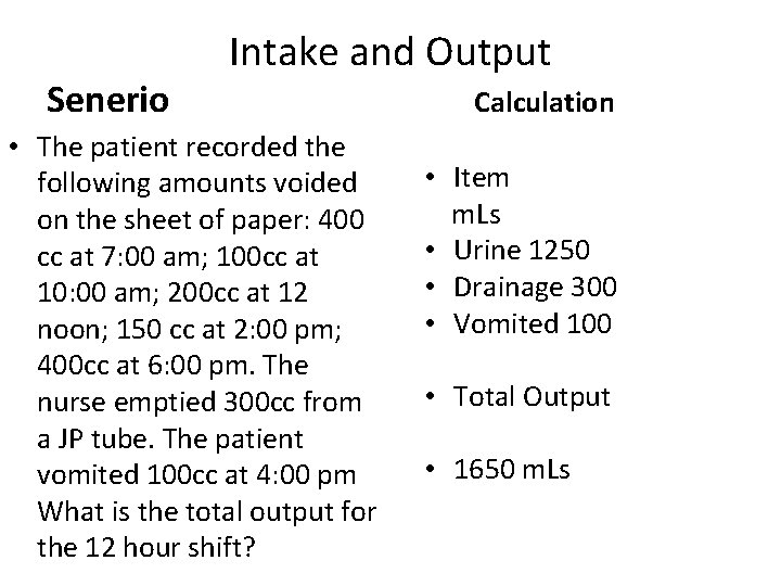 Senerio Intake and Output • The patient recorded the following amounts voided on the