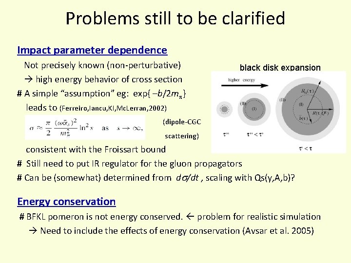 Problems still to be clarified Impact parameter dependence Not precisely known (non-perturbative) high energy