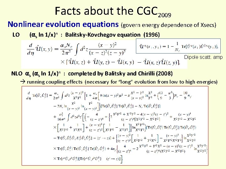 Facts about the CGC 2009 Nonlinear evolution equations (govern energy dependence of Xsecs) LO