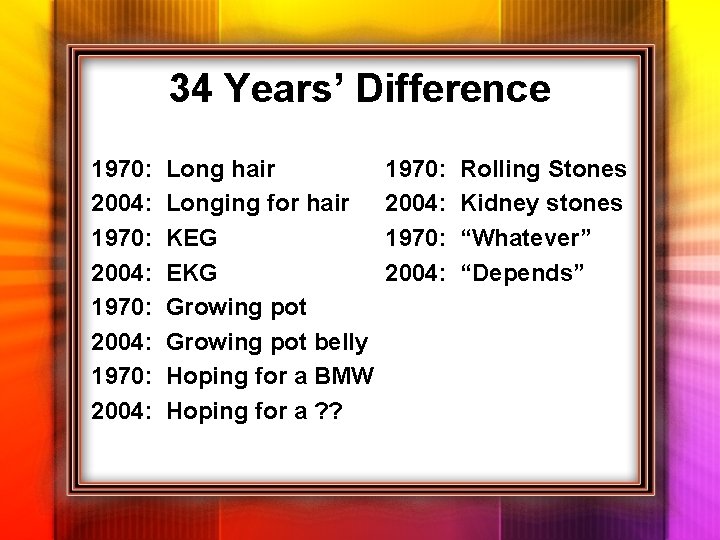 34 Years’ Difference 1970: 2004: Long hair Longing for hair KEG EKG Growing pot