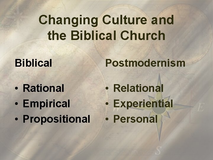 Changing Culture and the Biblical Church Biblical Postmodernism • Rational • Empirical • Propositional
