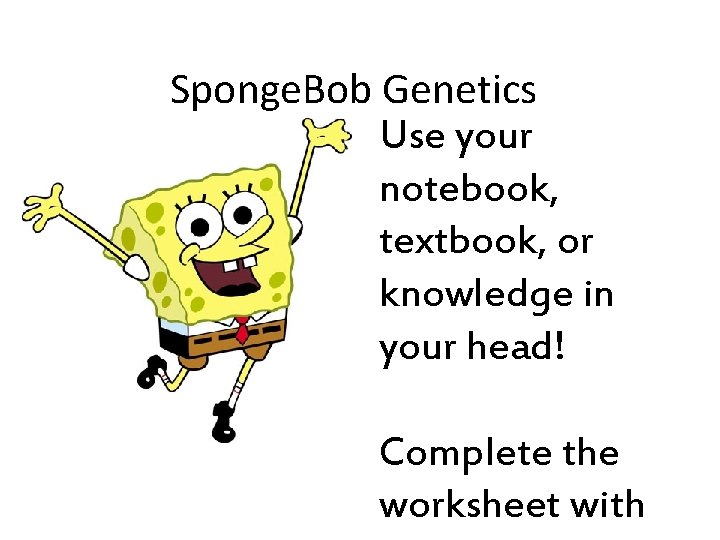 Sponge. Bob Genetics Use your notebook, textbook, or knowledge in your head! Complete the