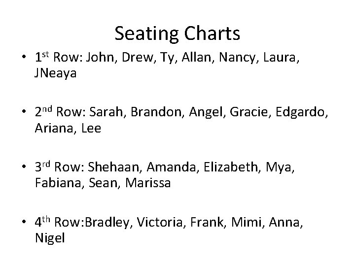 Seating Charts • 1 st Row: John, Drew, Ty, Allan, Nancy, Laura, JNeaya •