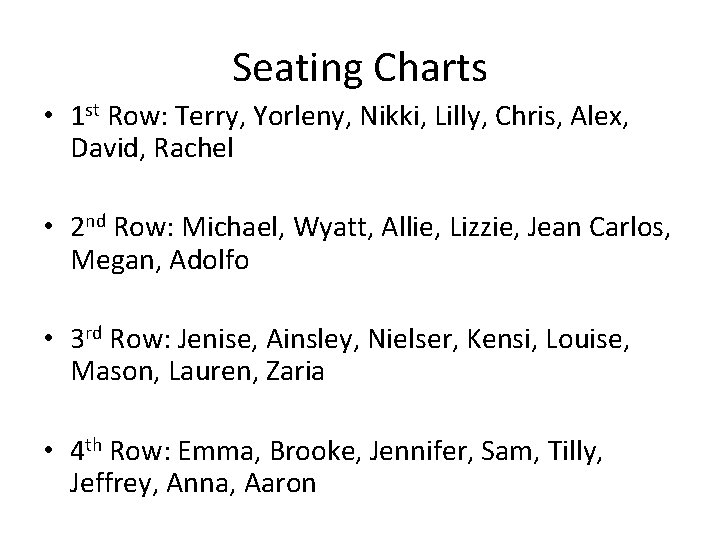 Seating Charts • 1 st Row: Terry, Yorleny, Nikki, Lilly, Chris, Alex, David, Rachel