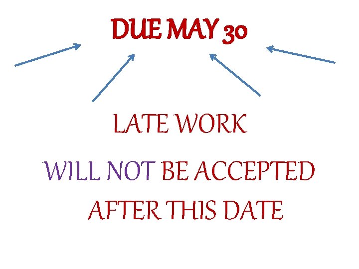 DUE MAY 30 LATE WORK WILL NOT BE ACCEPTED AFTER THIS DATE 