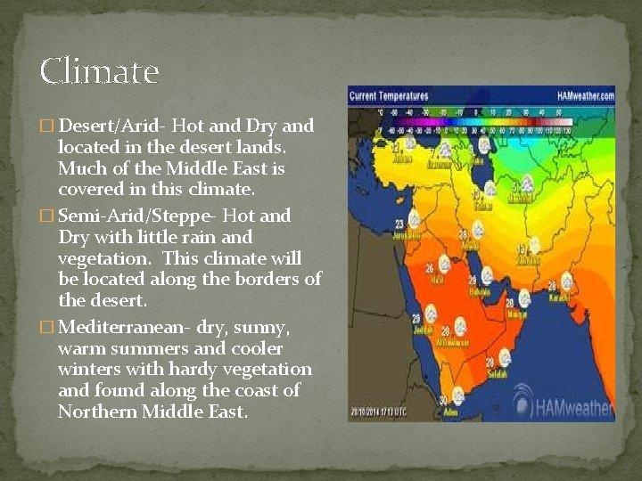 Climate � Desert/Arid- Hot and Dry and located in the desert lands. Much of