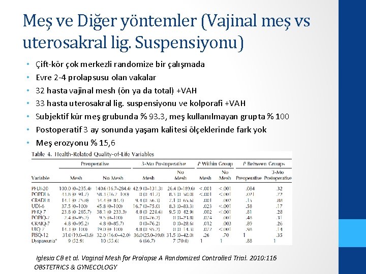 Meş ve Diğer yöntemler (Vajinal meş vs uterosakral lig. Suspensiyonu) • • Çift-kör çok