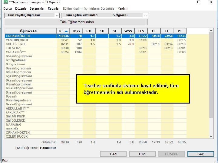 Teacher sınıfında sisteme kayıt edilmiş tüm öğretmenlerin adı bulunmaktadır. Teacher sınıfında sisteme kayıt edilmiş tüm öğretmenlerin adı bulunmaktadır.