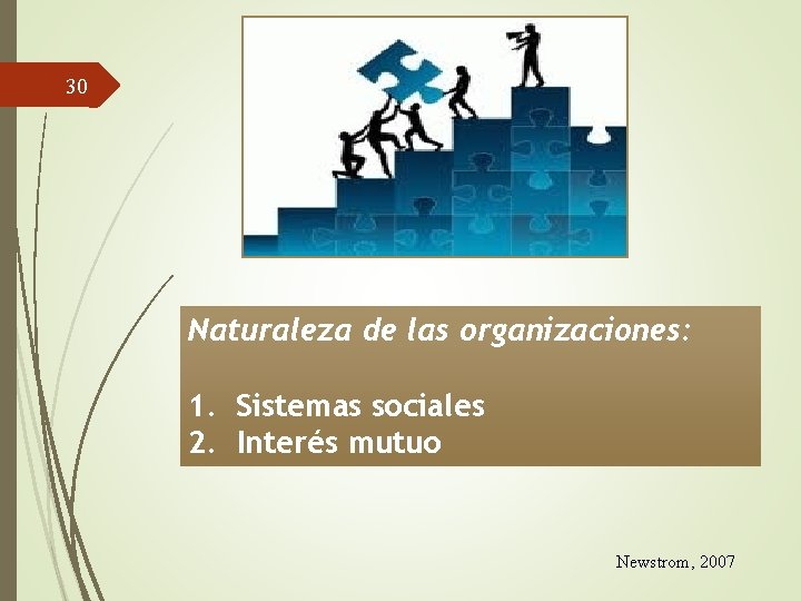 30 Naturaleza de las organizaciones: 1. Sistemas sociales 2. Interés mutuo Newstrom, 2007 