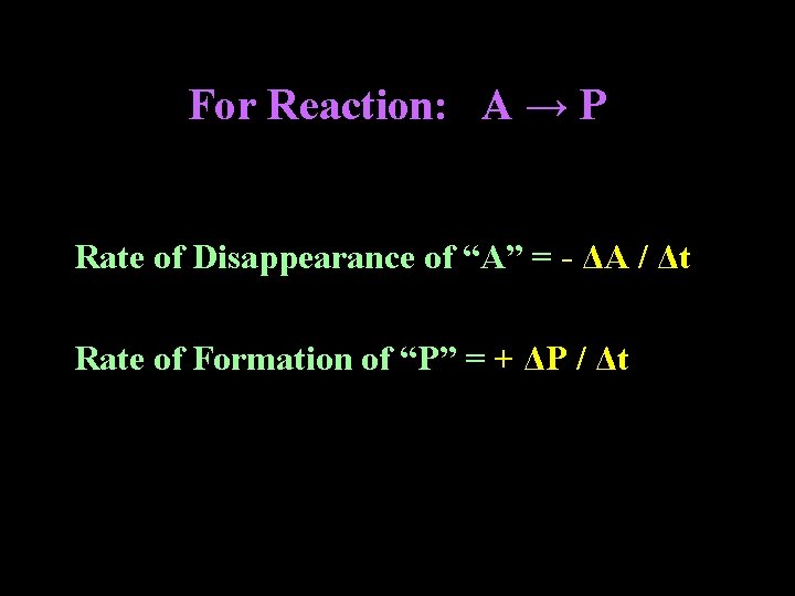 For Reaction: A → P Rate of Disappearance of “A” = - ΔA /