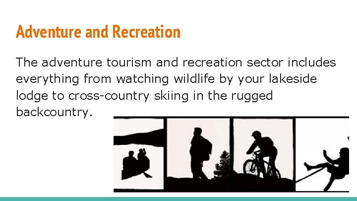 Adventure and Recreation The adventure tourism and recreation sector includes everything from watching wildlife