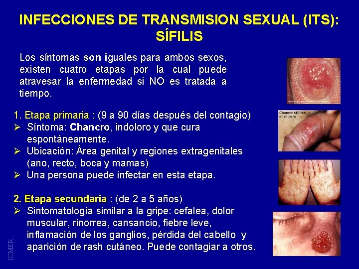 INFECCIONES DE TRANSMISION SEXUAL (ITS): SÍFILIS Los síntomas son iguales para ambos sexos, existen