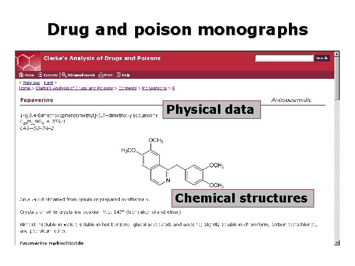 Drug and poison monographs Physical data Chemical structures 