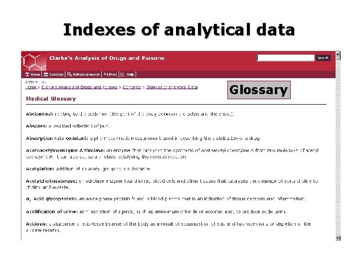 Indexes of analytical data Glossary 