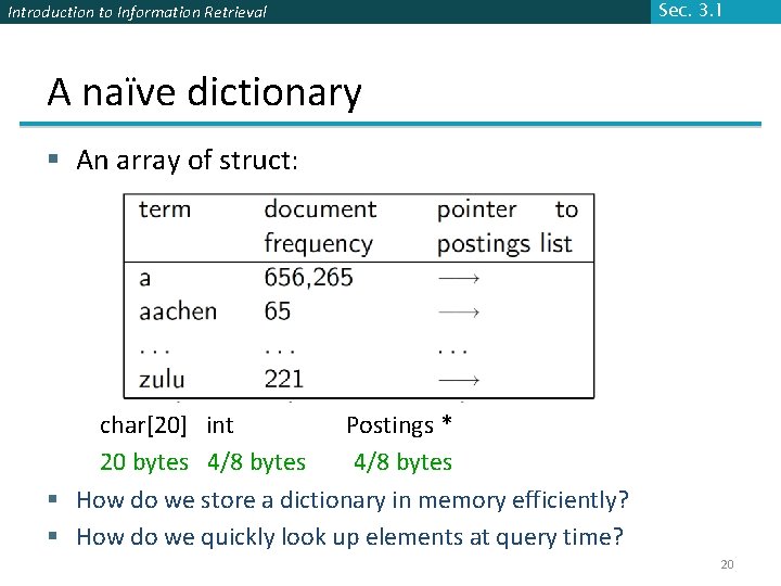 Introduction to Information Retrieval Sec. 3. 1 A naïve dictionary § An array of