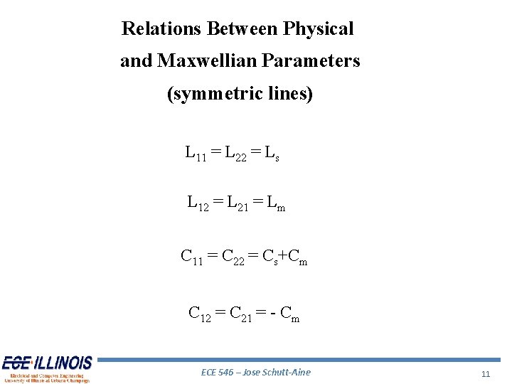 Relations Between Physical and Maxwellian Parameters (symmetric lines) L 11 = L 22 = Relations Between Physical and Maxwellian Parameters (symmetric lines) L 11 = L 22 =