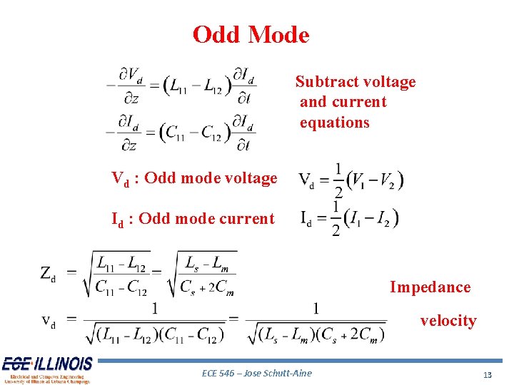 Odd Mode Subtract voltage and current equations Vd : Odd mode voltage Id : Odd Mode Subtract voltage and current equations Vd : Odd mode voltage Id :