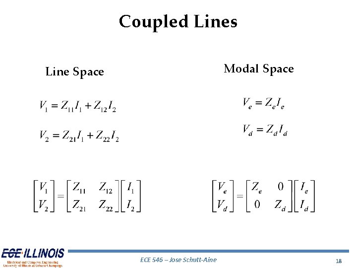 Coupled Lines Modal Space Line Space ECE 546 – Jose Schutt-Aine 18 Coupled Lines Modal Space Line Space ECE 546 – Jose Schutt-Aine 18