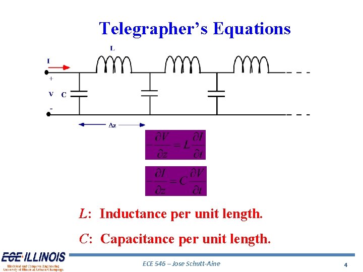 Telegrapher’s Equations L: Inductance per unit length. C: Capacitance per unit length. ECE 546 Telegrapher’s Equations L: Inductance per unit length. C: Capacitance per unit length. ECE 546