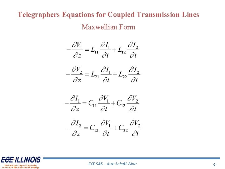 Telegraphers Equations for Coupled Transmission Lines Maxwellian Form ECE 546 – Jose Schutt-Aine 9 Telegraphers Equations for Coupled Transmission Lines Maxwellian Form ECE 546 – Jose Schutt-Aine 9