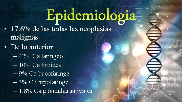 Epidemiologia • 17. 6% de las todas las neoplasias malignas • De lo anterior: