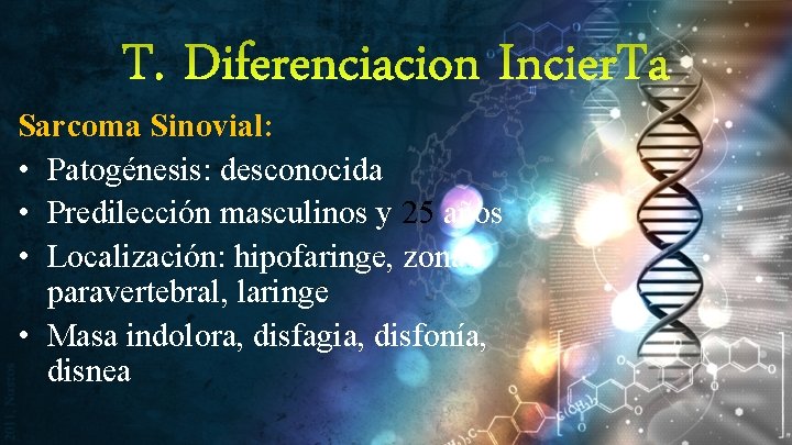 T. Diferenciacion Incier. Ta Sarcoma Sinovial: • Patogénesis: desconocida • Predilección masculinos y 25