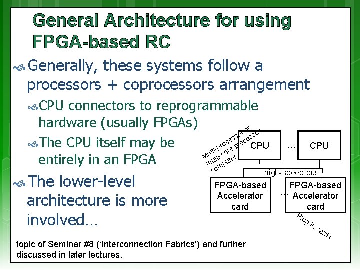 General Architecture for using FPGA-based RC Generally, these systems follow a processors + coprocessors
