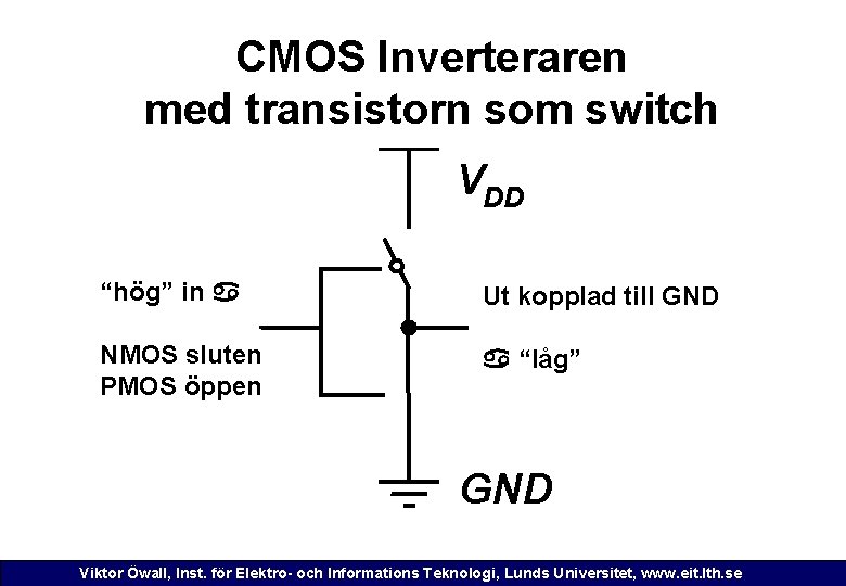 CMOS Inverteraren med transistorn som switch VDD “hög” in a Ut kopplad till GND