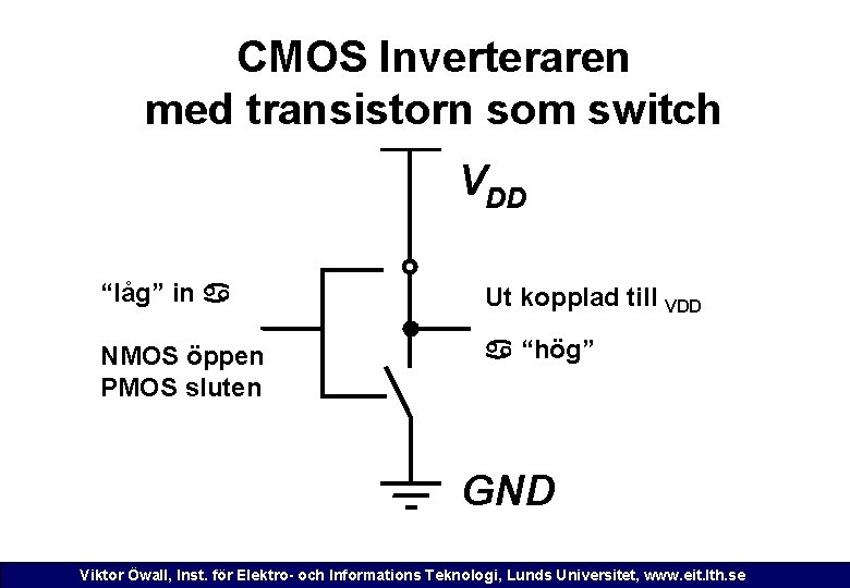 CMOS Inverteraren med transistorn som switch VDD “låg” in a Ut kopplad till VDD