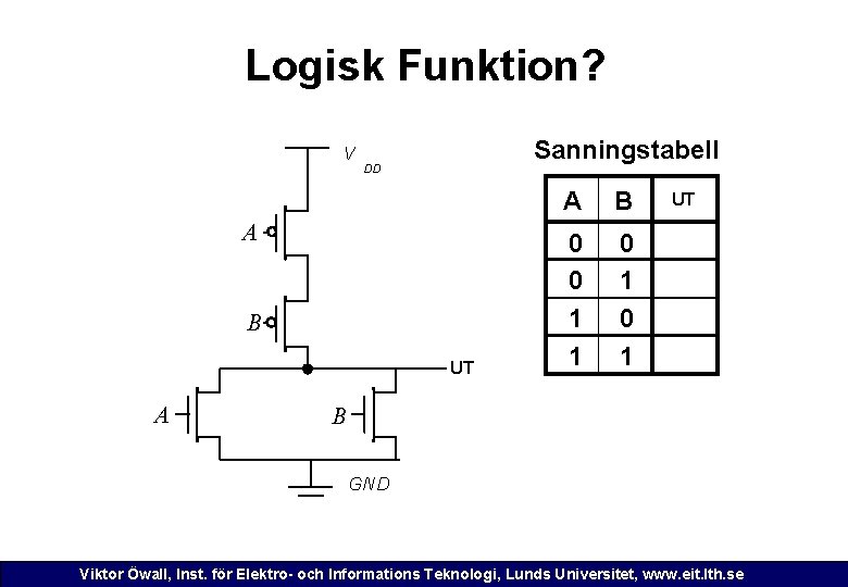 Logisk Funktion? V Sanningstabell DD A B UT A A B 0 0 1