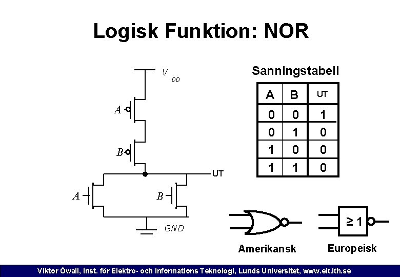 Logisk Funktion: NOR V Sanningstabell DD A B UT A A B UT 0