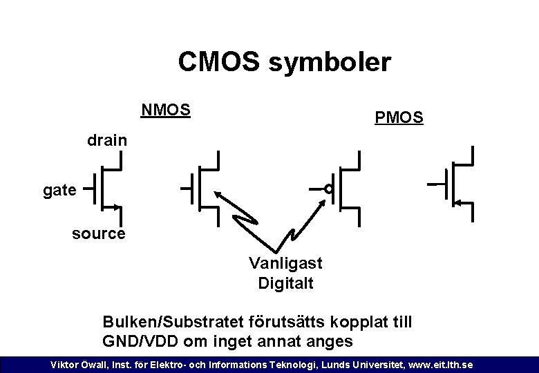 CMOS symboler NMOS PMOS drain gate source Vanligast Digitalt Bulken/Substratet förutsätts kopplat till GND/VDD